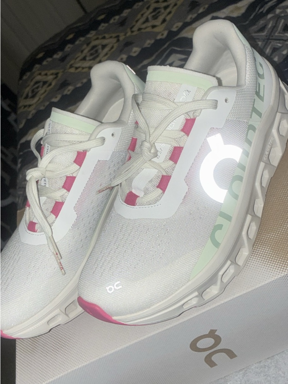 On cloud monster 2. Lightweight Women's Athletic Sneakers in White, Mint & Pink - Picture 4 of 6